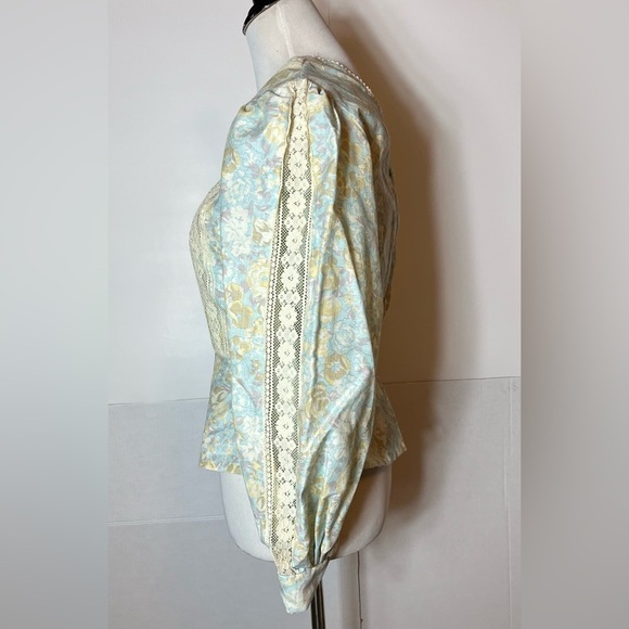 Bohemian Floral Square Neck Peplum Button Up At Back Lace Long Sleeve Blouse S - Picture 3 of 6